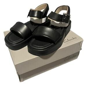 Clarks Sandals Womens Size 8 Alda Strap Black Leather Buckle Strap Open Toe NEW